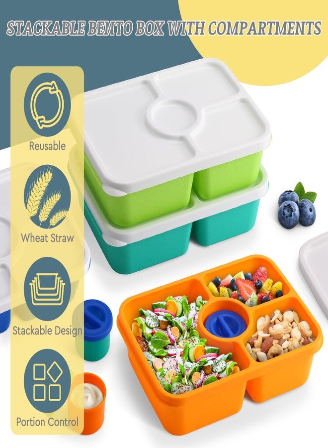 QQKO Bento Box Adult Lunch Box, Meal Prep Containers Reusable, Snack Containers for Kids, 4 Pack Stackable Food Storage With Lids, Sauce Cups, Bright Colors - Image 2